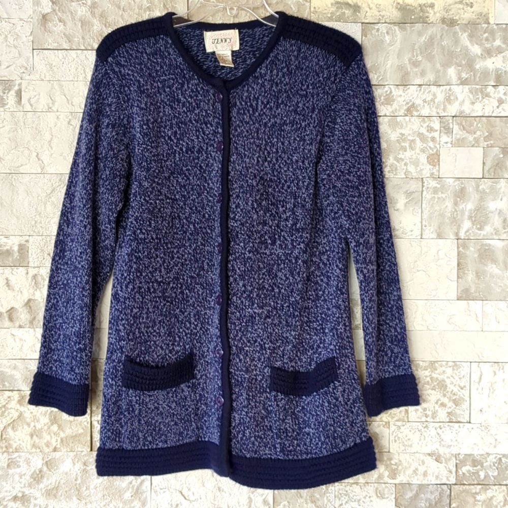 Jenny 90's Vintage Plum Blue Knit Sweater Small, Cardigan Button Up Granny Core